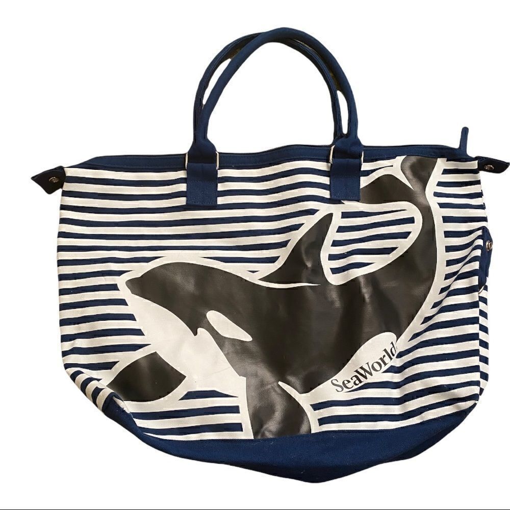 Sea World Duffle Tote Bag Navy Blue White Striped Shamoo